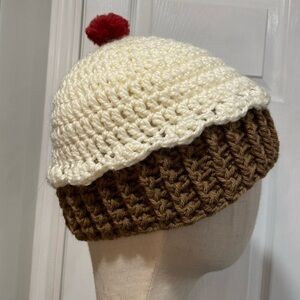 Handmade Crochet Vanilla Cupcake Beanie Winter Hat Stretch Cozy Comfy Warm